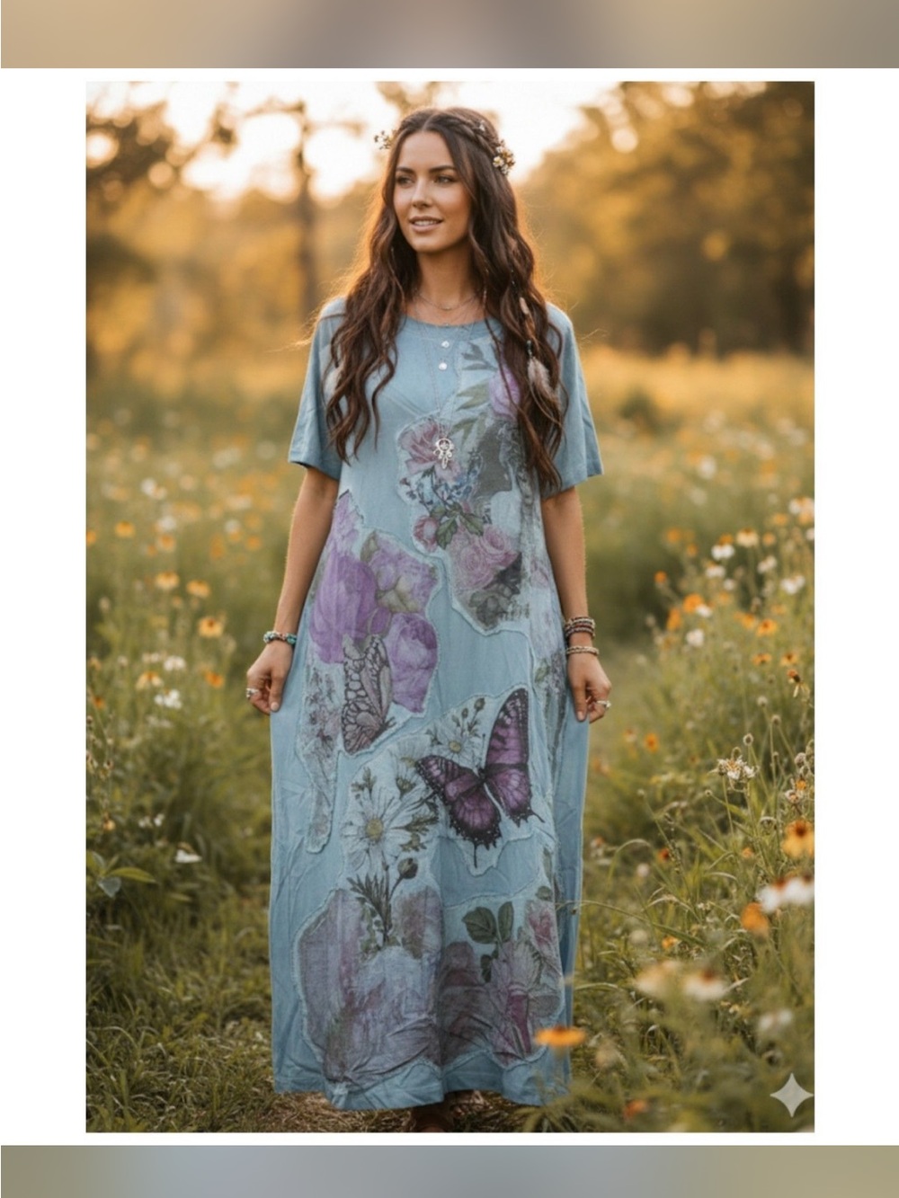 Boho Floral & Butterfly Maxi Dress - Light Blue